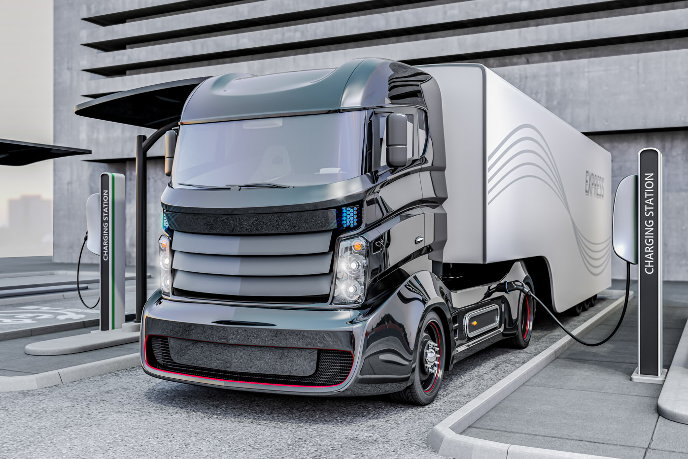 Hybrid electric truck being charging at charging station. 3D rendering image.