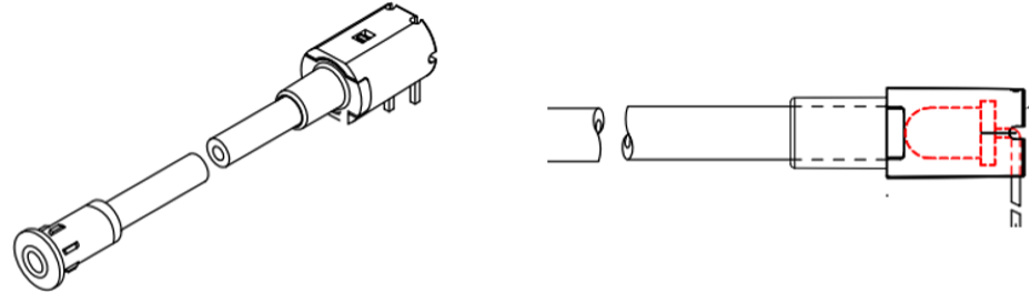 Figure 9: (a) FLPR2-XX system with through-hole LED (b) placement of LED in adapter (Source: Bivar)
